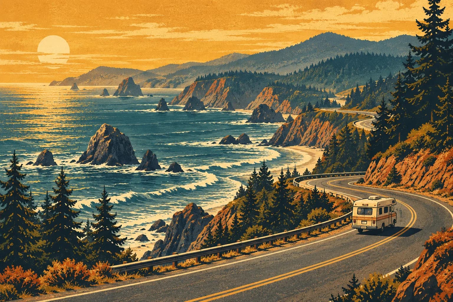 Vintage-style illustration of a motorhome winding along the Oregon coast